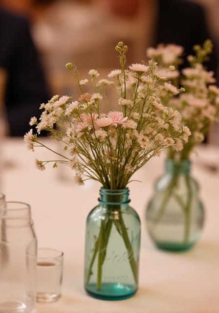 Nærbillede af bryllupsbord med blomster